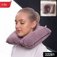 Inflatable U Shape Velvet Travel Neck Pillow For Flight Rest (1 Pc)