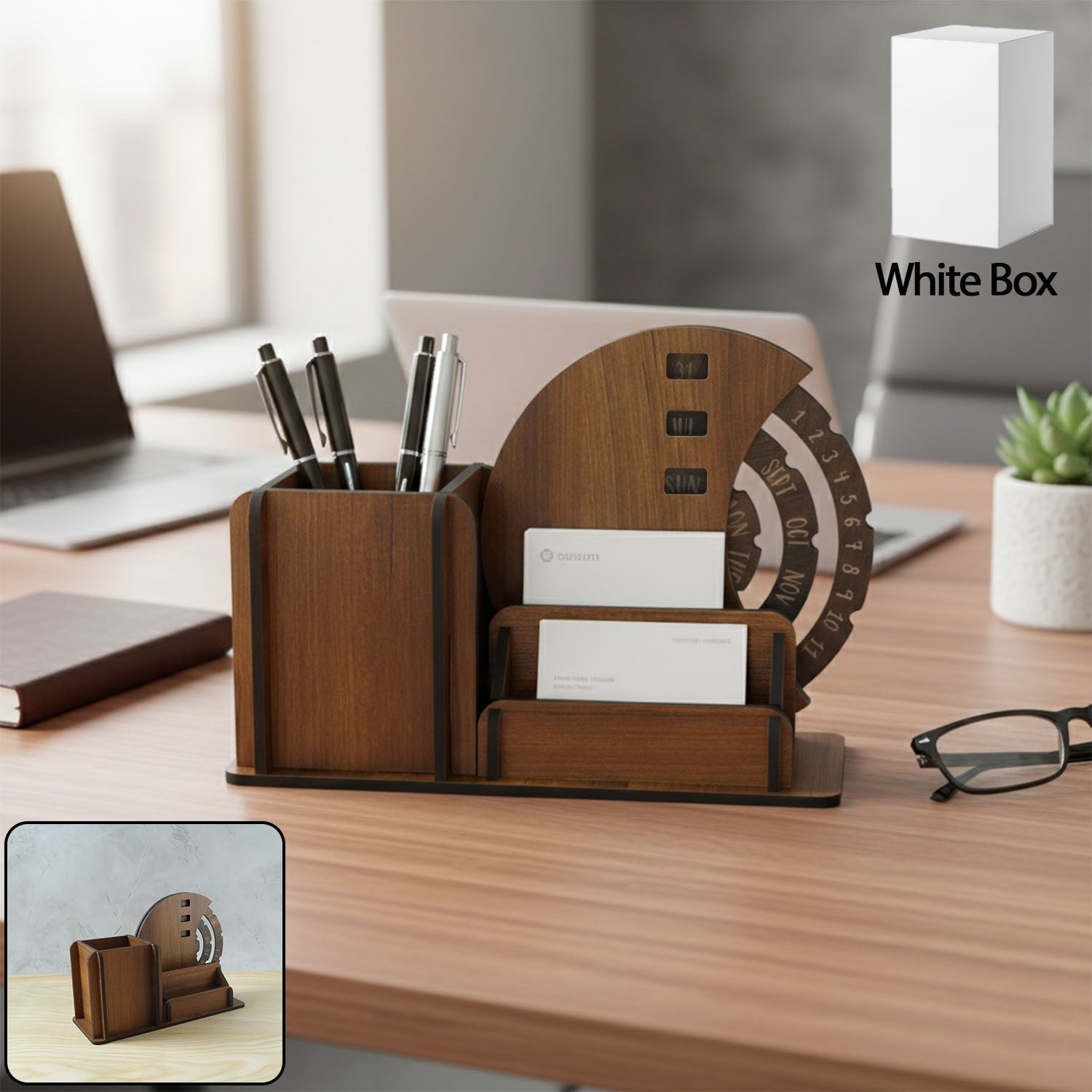 Wooden Desk Organizer with Rotating Calendar