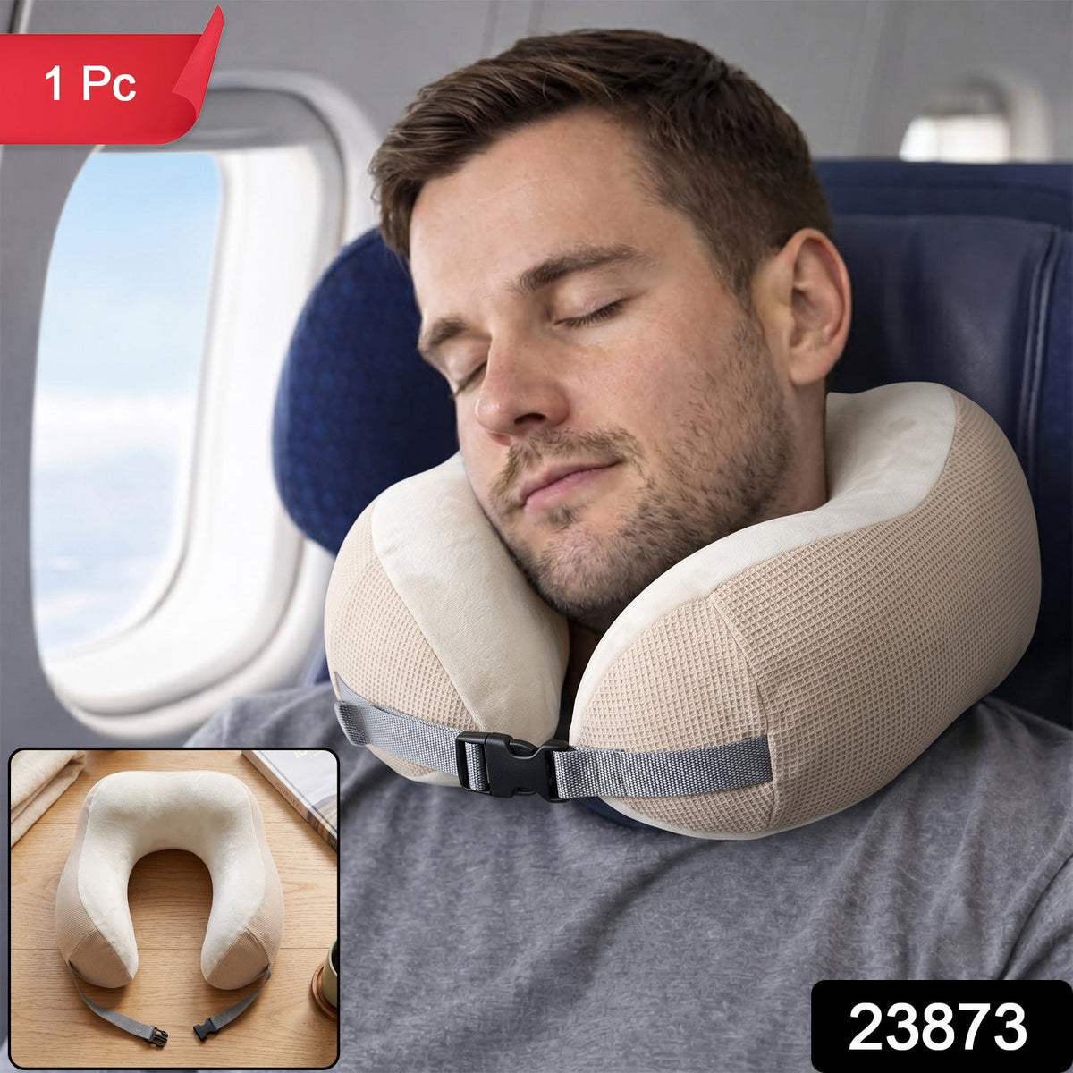 U Shaped Memory Foam Travel Neck Pillow Beige With Buckle Strap (1 Pc)