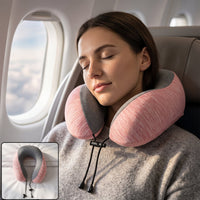 U Shaped Travel Neck Pillow Pink Grey With Drawstring Toggle (1 Pc)