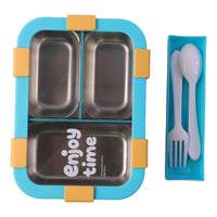 Airtight 3 Compartment Stainless Steel Lunch Box With Spoon  Fork  600ml