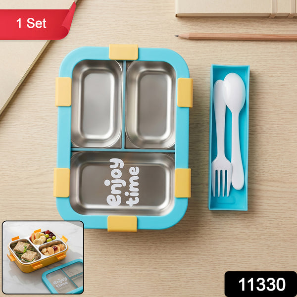 Airtight 3 Compartment Stainless Steel Lunch Box With Spoon  Fork  600ml